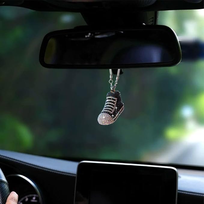 Bling Sneaker Shoe Sparkly Car Hanging Ornament, Cute Crystal Rear View Mirror Pendant, Diamond Rearview Mirror Charms, Lucky Car Interior Decor Accessories (Black)