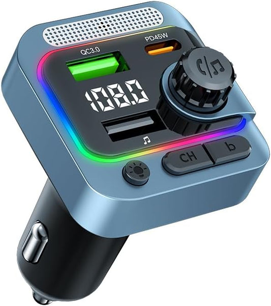 63W FM Transmitter Bluetooth Car Adapter, Wireless FM Bluetooth Transmitter | [PD 45W & QC3.0] Fast Charge, Deep Bass Player, Hands-Free Calling, Blue