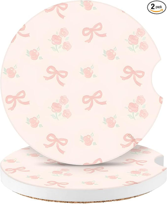 Cute Bowknot Car Coasters,Absorbent 2 Pack for Cup Holders with Finger Notch,2.56 inches Ceramics Heat Resistant Anti Slip Cork Base Car Drinks Coasters Auto Cup Holder