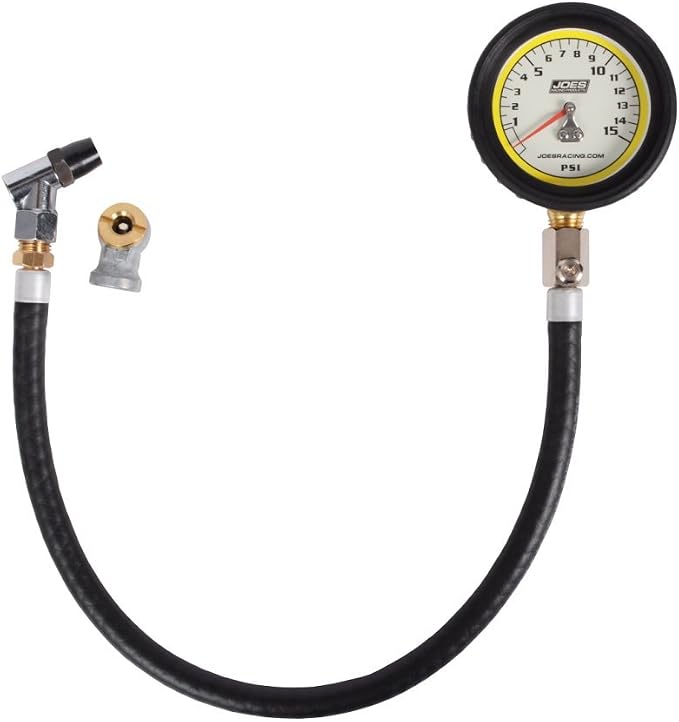 Joes Racing Products Tire Pressure Gauge, Pro Tire, Glow in The Dark, 0-15 psi, Analog, 2-1/2 in Diameter, White Face, 1/2 lb. Increments, Each,32315,Black