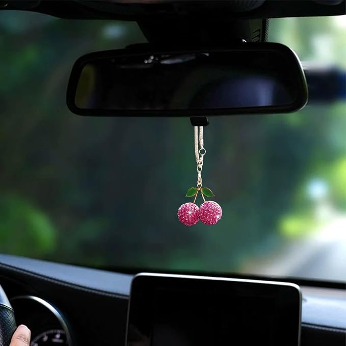 Bling Cherry Car Hanging Ornament, Cute Crystal Rear View Mirror Pendant, Sparkly Diamond Rearview Mirror Charms, Lucky Car Interior Decor Accessories (Purple)