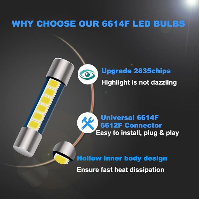 28mm 29mm Festoon LED Car Bulb, 6614F 6612F, 1.15in 6SMD 2835 Chips 6641 LED Bulb for Car Interior Vanity Mirror lights Sun Visor Light (6pcs 6000K White)