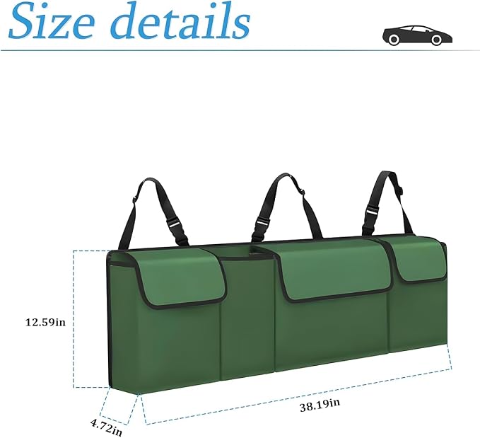 Car Trunk Organizer and Storage, Backseat Hanging Organizer for SUV, Truck, MPV, Waterproof, Collapsible Cargo Storage Bag with 4 Pockets, Car Accessories for Men and Women (Army Green) | 38.19x4.72x12.59 Inch, Universal fit, most SUVs/MPVs/Vans, Oxfor...