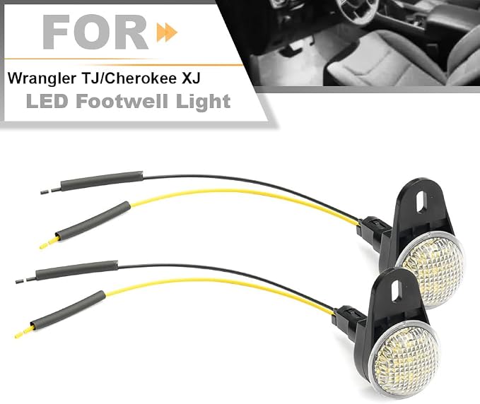 LED Interior Footwell Light with Harness for Jee'p Wrangler TJ Cherokee XJ | Grand Cherokee ZJ Ram 1500 2500 3500 LED Under Dashboard Courtesy Floorboard Lamp Assembly Xenon White 6000K 2Pcs