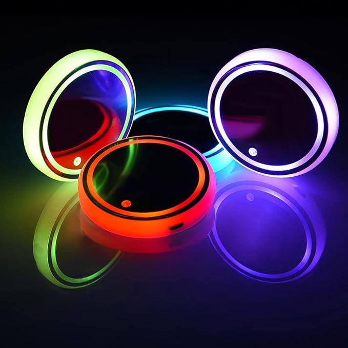 LED Car Cup Holder Lights, 7 Colors Changing USB Charging Coaster Waterproof Cup Pad, LED Interior Atmosphere Lamp Decoration Inside Car Lighting Accessories (2Pcs) (Style 1)