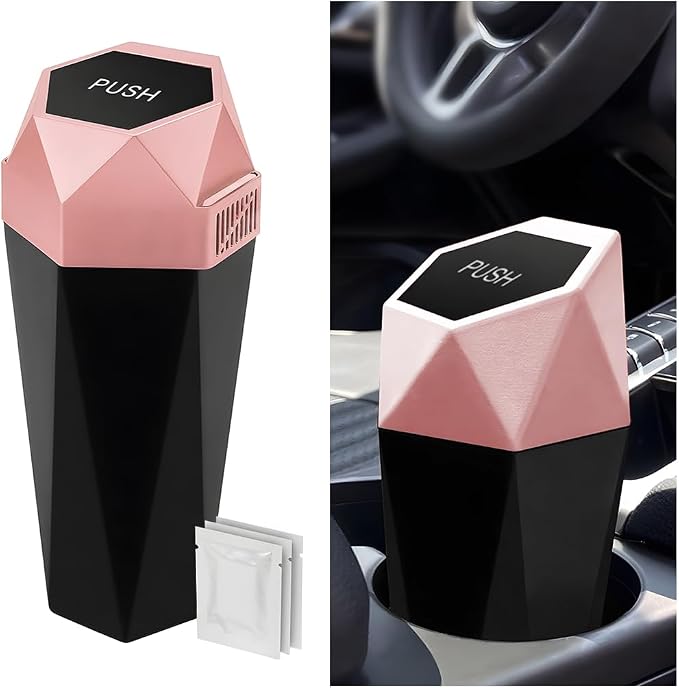 Car Trash Can with Lid, Mini Leakproof Fragrance Vehicle Cup Holder Garbage Bin for Console Door, Small Portable Auto Interior Dustbin Organizer Accessories, Universal Fit (Pink)