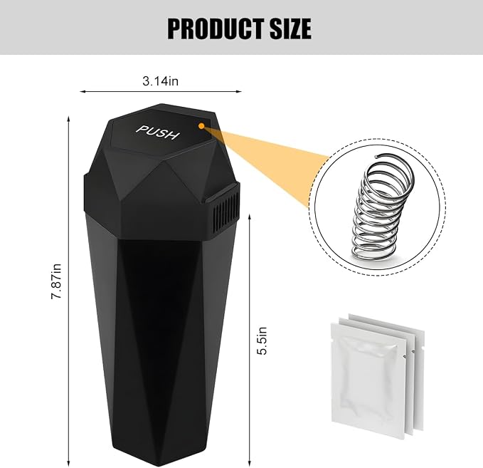 Car Trash Can with Lid, Mini Leakproof Fragrance Vehicle Cup Holder Garbage Bin for Console Door, Small Portable Auto Interior Dustbin Organizer Accessories, Universal Fit (Black)