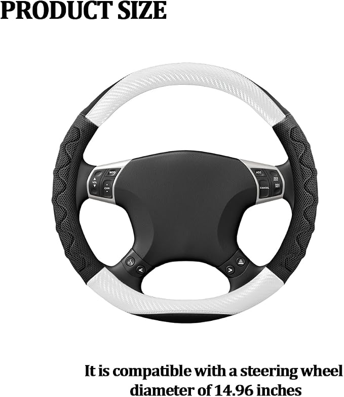 HZEL Car Steering Wheel Cover, Carbon Fiber Breathable Soft Grip Vehicle Steering Wheel Protector with Anti-Slip Lining, Automotive Interior Protective Decor Accessories, Universal Fit (White)