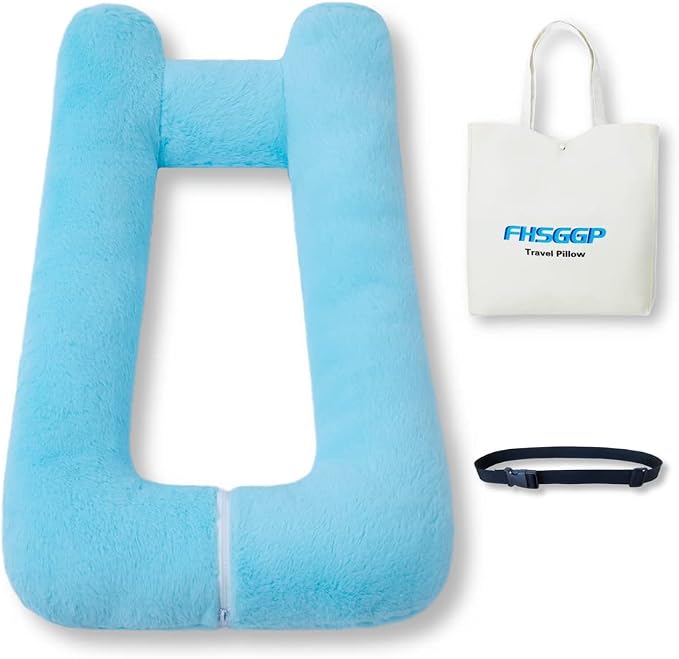 FHSGGP Travel Pillow Upgraded Version of Aircraft Travel Neck Pillow | with Storage Bag, Sleep Pillows for Travel by Train, Car, or Plane, Supporting The Head and Body, Travel Pillow for Kids Blue