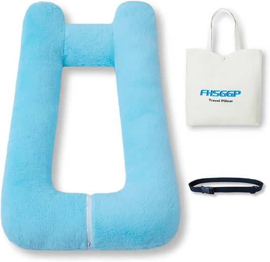 FHSGGP Travel Pillow Upgraded Version of Aircraft Travel Neck Pillow | with Storage Bag, Sleep Pillows for Travel by Train, Car, or Plane, Supporting The Head and Body, Travel Pillow for Kids Blue