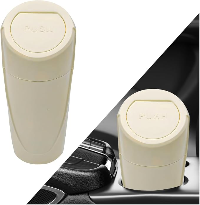 Car Trash Can with Lid, Mini Car Garbage Bin Leakproof Cup Holder Trash Can, Multipurpose Organizer Door Pocket Trash Cup Fits Auto Home Office, Universal Garbage Can (Beige)