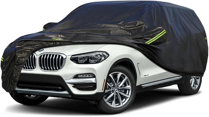 KouKou Waterproof SUV Car Cover Suitable for BMW X3 from 2003 to 2025, 7 Layers Windproof All Weather Waterproof Outdoor Cover Sun Rain UV Dust Snow Protection. Black