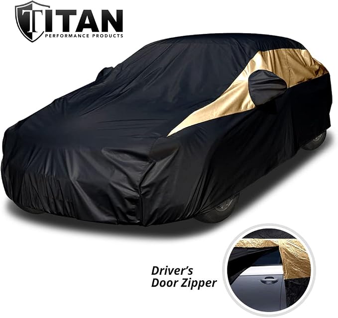 Titan Jet Black Poly 210T Car Cover for Sedans 186-202". Waterproof, UV Protection, Scratch Resistant, Driver-Side Zippered Opening. Fits Camry, Accord and More.