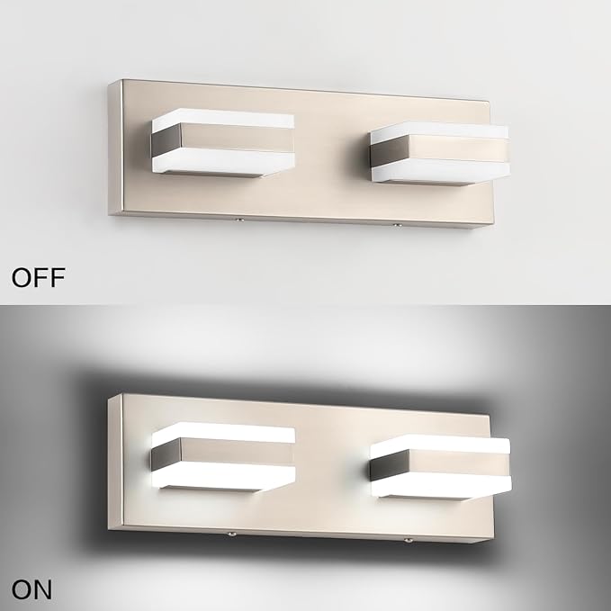 SOLFART 2 Light Brushed Nickel Vanity Lights for Bathroom Over Mirror, Modern LED Lighting Fixture, 14 Inch Cool Light