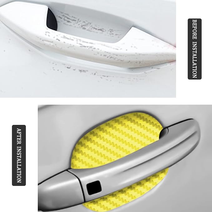 8PCS Car Door Handle Sticker, Carbon Fiber Anti-Scratches Car Door Cup Protector, Non-Marking Auto Door Handle Protective Film, Self-Adhesive Door Side Paint Protector for All Cars (Yellow/8PCS)