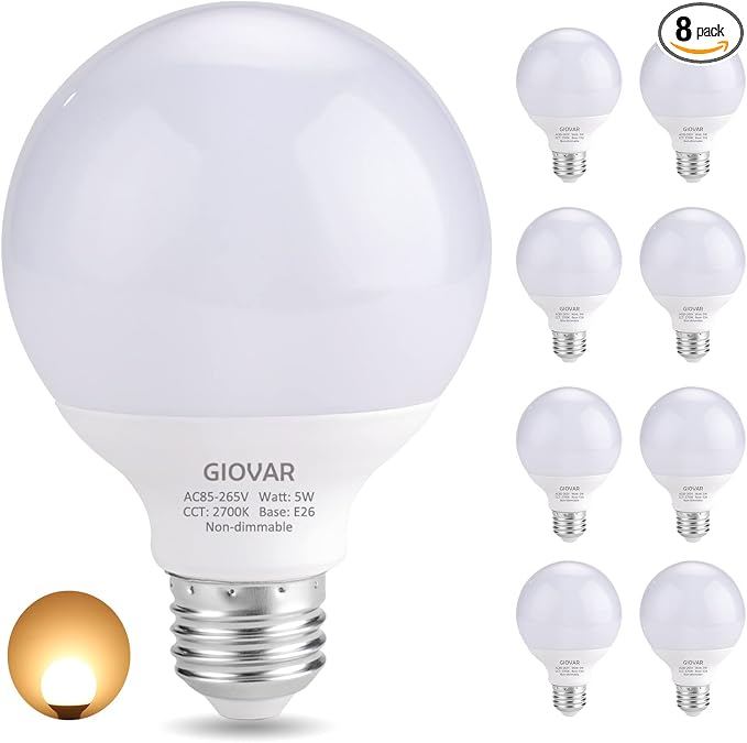 8-Pack G25 LED Vanity Light Bulbs 120V 40 Watt Equivalent, E26 Base, 2700K Warm White LED Globe Light Bulbs for Bathroom Mirror, Non-Dimmable