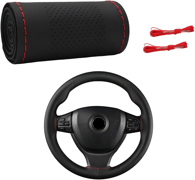 Wevdn Genuine Leather Steering Wheel Cover, Stitch on Wrap, DIY Sewing Steering Wheel Protector, 15 Inch Breathable Non-Slip Steering Wheel Protector, Car Accessories (Black & Red, Middle Hole)