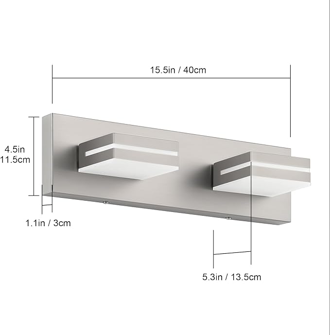 SineRise LED Modern Bathroom Vanity Light Fixtures (2-Light, 15.5-Inch), Brushed Nickel Modern Acrylic Bathroom Wall Lighting Fixtures Over Mirror (Cool White 6000K)