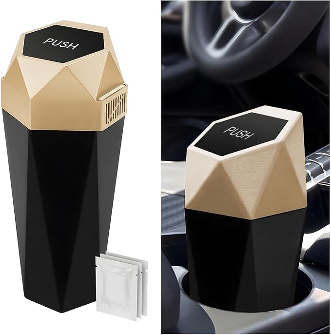 Car Trash Can with Lid, Mini Leakproof Fragrance Vehicle Cup Holder Garbage Bin for Console Door, Small Portable Auto Interior Dustbin Organizer Accessories, Universal Fit (Gold)