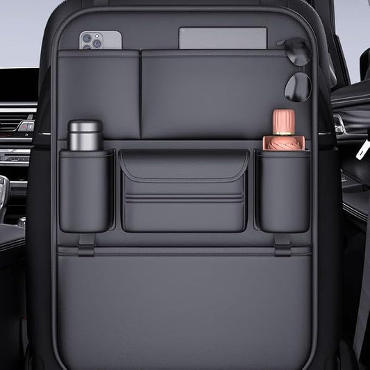 Leather Car Seat Organizer for Cars, SUV & Truck - Back Seat Headrest Storage Organizer with 6 Pockets, Large Capacity Waterproof Car Organizer Pocket for Phone, Bottle, Tissue, Toys