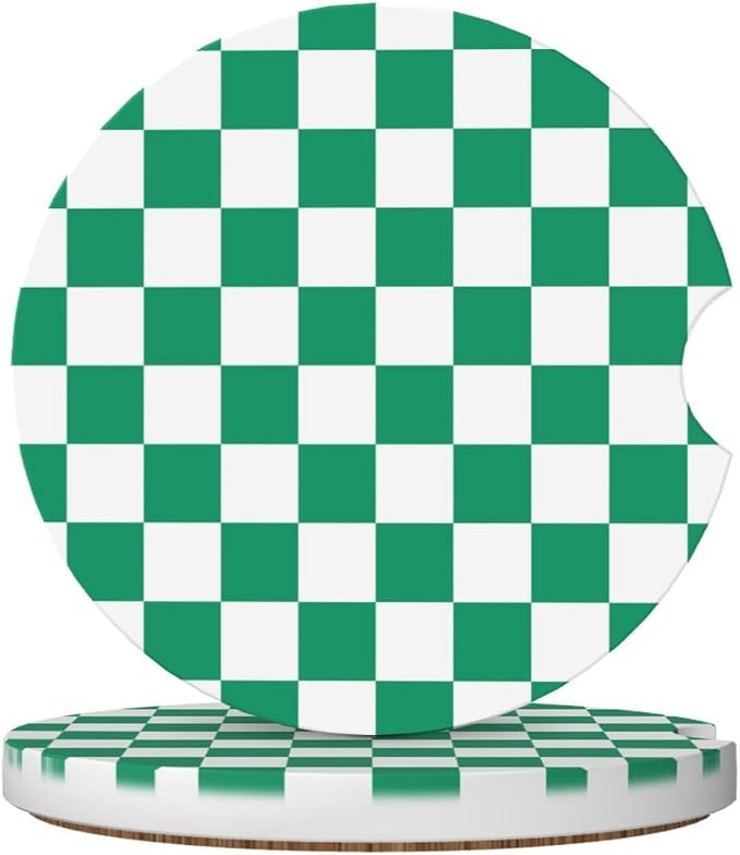 Green and White Checkered Car Coasters for Cup Holders,2 Pack Car Cup Holder Coasters for Car,Ceramic Absorbent Car Coaster with A Finger Notch and Cork Base,Car Interior Accessories for Women Men