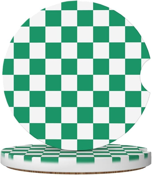 Green and White Checkered Car Coasters for Cup Holders,2 Pack Car Cup Holder Coasters for Car,Ceramic Absorbent Car Coaster with A Finger Notch and Cork Base,Car Interior Accessories for Women Men