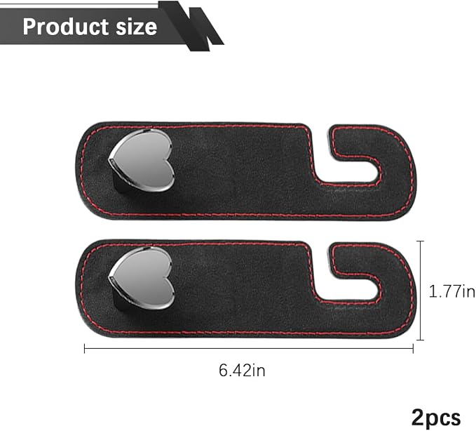 2PCS Car Seat Headrest Hook, Suede Leather Heart Hanger, Black | 1.77x6.42 Inch, Universal fit, most Sedans/SUVs/Trucks, alloy core, half-open mount, interior accessories