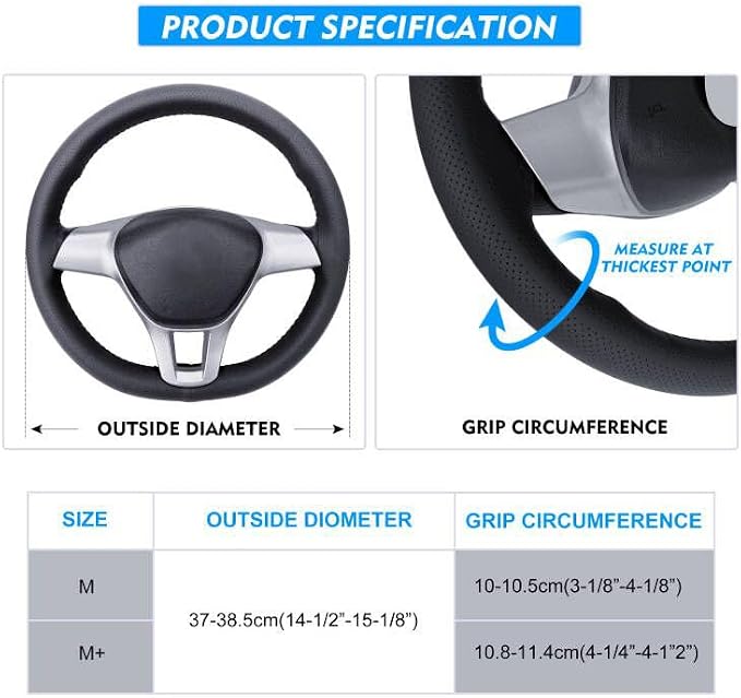 Carodi Leather Steering Wheel Cover, Breathable Non-Slip Design, Soft and Comfortable Feeling, Universal 15 Inch Auto Car Steering Wheel Stitch on Wrap（Size M, Black）