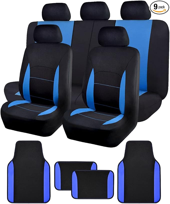 Flying Banner Car Seat Covers Front Seats Rear Bench Polyester car seat Protectors Easy installations Rear Bench Split Classic Man Lady Truck (Full Set - Low Back - Combo Pack, Black Blue)