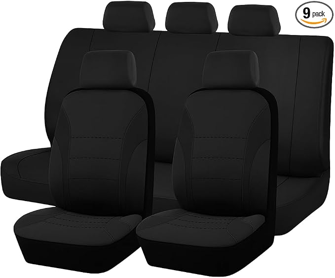 Car Seat Cover Full Set, Fashion Soft Sponge Vehicle Front and Rear Split Bench with Removable Headrest Cover, Breathable Auto Seat Protector, Universal for Truck SUV Sedan (Black)