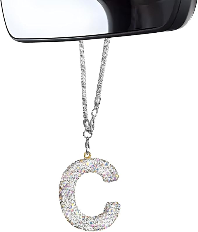 DXNQ Bling Initial Car Rear View Mirror Ornament, Crystal Sparkling Cute Letter Charm Pendant Auto Decor, Hanging Lucky Diamond Initial Charm Car Mirror Bag Ornament for Girl Women (Letter C)