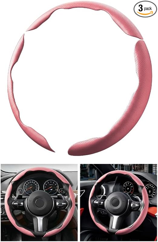 3PCS Car Steering Wheel Cover, 14.5-15" Breathable Nappa Leather Segmented Steering Wheel Protector with Non-Slip Grip, Stylish Auto Interior Decor Accessories, Universal for Vehicles (Pink)