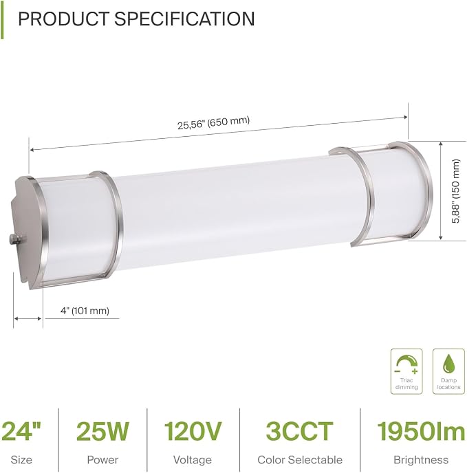 ASD LED 24" Vanity Flush Mount Light Fixture, Linear Bathroom Lighting Bar | 3CCT, Dimmable, Energy Star, ETL Listed | 25W 1950LM 3000-5000K 120V | Long Bath Wall Sconce Over Mirror | Nickel, 2 Pack
