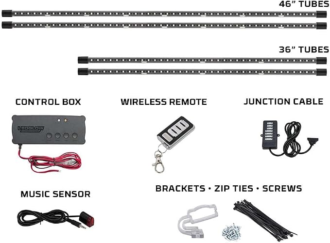 LEDGlow 4pc Million Color Wireless LED Car Underglow Lighting Kit | Neon Accent Underbody Lights Include 10 Solid Colors, 13 Modes, Music Mode, Control Box & Remote