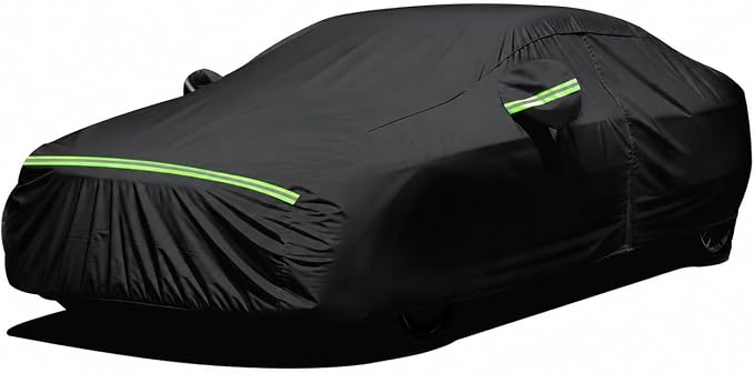 Favoto Car Cover Waterproof All Weather Windproof for Sedans 184-193 Inches | UV Protection, Soft Cotton Lining, Driver Door Zipper, Reflective Strips and Storage Bag Included with Vehicle Fitment Black