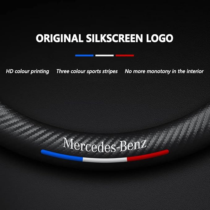 Steering Wheel Cover Compatible with Mercedes-Benz, Nappa Leather&Carbon Fiber Texture Steering Wheel Cover, 14.5-15 Inch Diameter with 2 Coasters and USB Fast Charging Cable (Red)