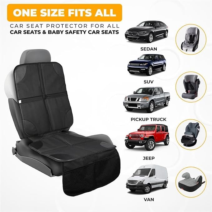 EcoNour Car Seat Protector 1 Pack, 600D Waterproof Non-Slip Seat Mat with Extra Thick Padding & Mesh Storage Pocket, Under Baby Car Seat or Pet, Protects Upholstery from Dirt & Damage