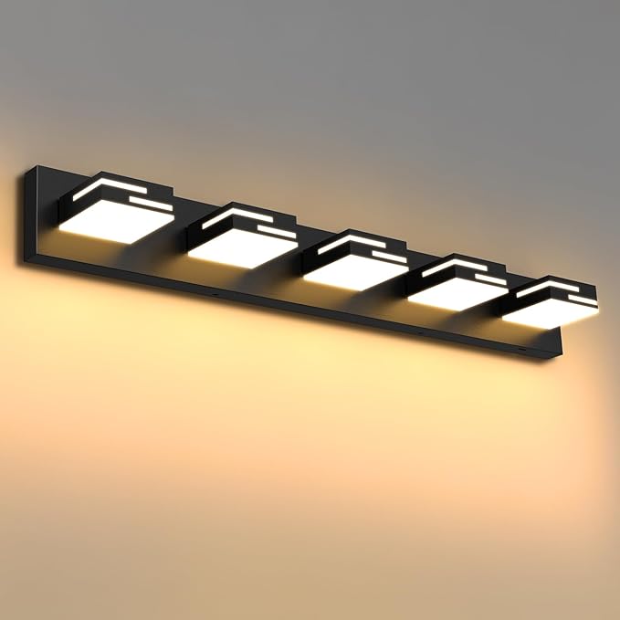 LED Modern Bathroom Vanity Light Fixtures, Dimmable Matte Black Vanity Lights for Bathroom Lighting Fixtures Over Mirror, with 360° Rotatable Acrylic Heads 5-Light 36-inch 5CCT