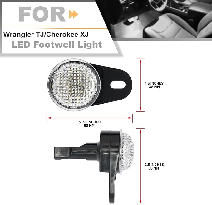 LED Interior Footwell Light with Harness for Jee'p Wrangler TJ Cherokee XJ | Grand Cherokee ZJ Ram 1500 2500 3500 LED Under Dashboard Courtesy Floorboard Lamp Assembly Xenon White 6000K 2Pcs
