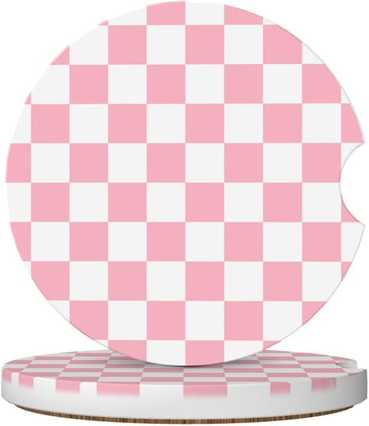 Pink and White Checkered Car Coasters for Cup Holders,2 Pack Car Cup Holder Coasters for Car,Ceramic Absorbent Car Coaster with A Finger Notch and Cork Base,Car Interior Accessories for Women Men