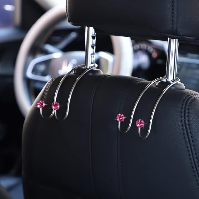 SAVORI Auto Hooks Bling Car Hangers Organizer Seat Headrest Hooks Strong and Durable Backseat Hanger Storage Universal for SUV Truck Vehicle 2 Pack (Fuchsia)