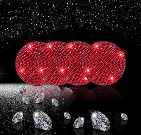 NBTEPEM 4pcs Bling Car Cup Holder Coaster, 2.75 inch Anti-Slip Shockproof Universal Fashion Car Coasters Insert Bling Crystal Rhinestone Automotive Interior Accessories for Women (4 pcs, Red)