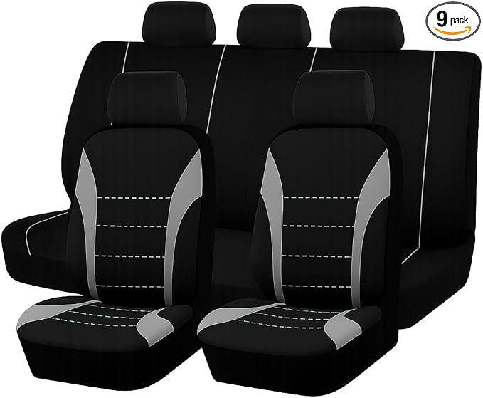 Car Seat Cover Full Set, Fashion Soft Sponge Vehicle Front and Rear Split Bench with Removable Headrest Cover, Breathable Auto Seat Protector, Universal for Truck SUV Sedan (Gray/Black)