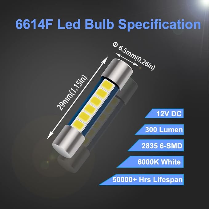28mm 29mm Festoon LED Car Bulb, 6614F 6612F, 1.15in 6SMD 2835 Chips 6641 LED Bulb for Car Interior Vanity Mirror lights Sun Visor Light (6pcs 6000K White)