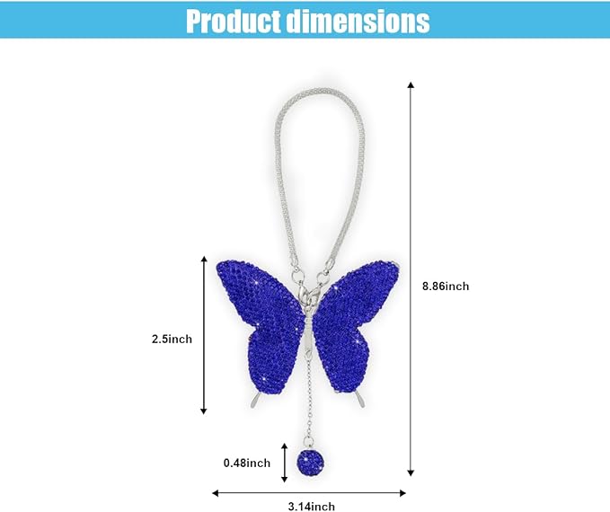 JOYCOURT Bling Butterfly Diamond Car Hanging Accessories for Women,DarkBlue | Crystal Butterfly Rear View Mirror Luck Car Decoration Accessories, Valentine's Day Presents Ornament Pendant for All Cars