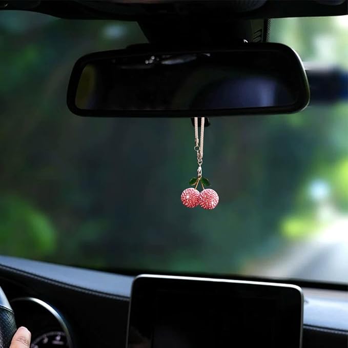 Bling Cherry Car Hanging Ornament, Cute Crystal Rear View Mirror Pendant, Sparkly Diamond Rearview Mirror Charms, Lucky Car Interior Decor Accessories (Pink)