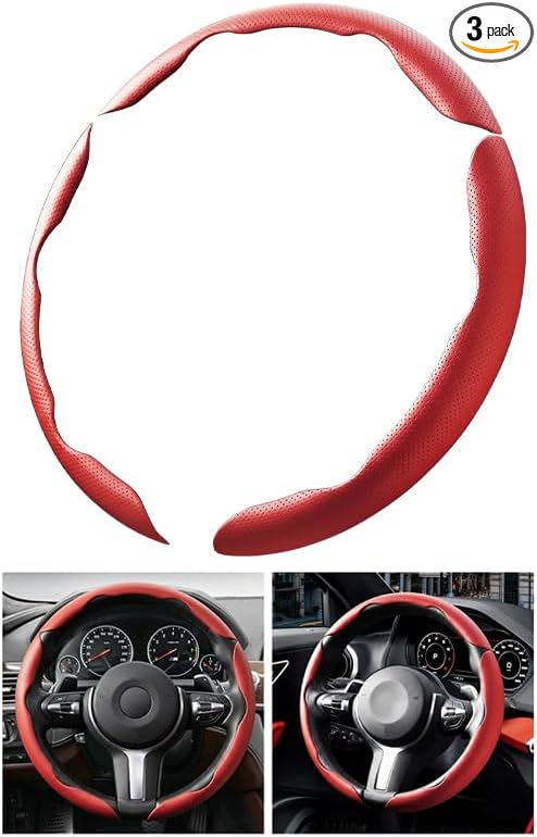 3PCS Car Steering Wheel Cover, 14.5-15" Breathable Nappa Leather Segmented Steering Wheel Protector with Non-Slip Grip, Stylish Auto Interior Decor Accessories, Universal for Vehicles (Red)