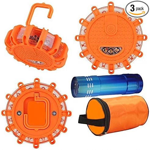 3 Pack LED Road Flares Flashing Warning Light Roadside Flare Emergency Disc Beacon, FREE Tac Flashlight, Magnetic Base for Car or Marine Boat Plus Tactical Flashlight Portable High Intensity Light
