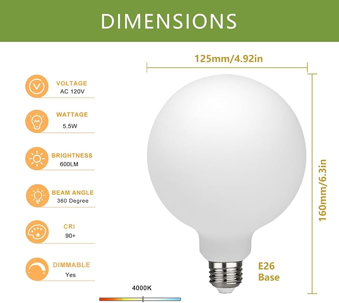 2 Pack G40 Globe LED Light Bulbs, 5.5W Dimmable 50 Watt Equivalent LED Edison Bulbs, Neutral White 4000K, 600LM, E26 Base, Milky Filament Bulbs for Bathroom Bedroom Living Room