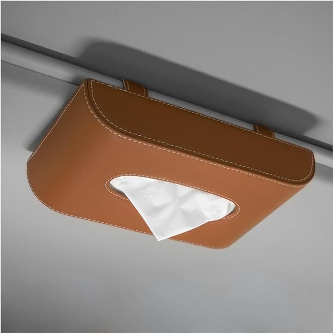 Car Tissue Holder, Rectangular Leather Sun Visor Napkin Case with Tissue Refill, Universal Mask Dispenser Hanging Paper Towel Organizer for Most Vehicles, Car Accessories (Brown)